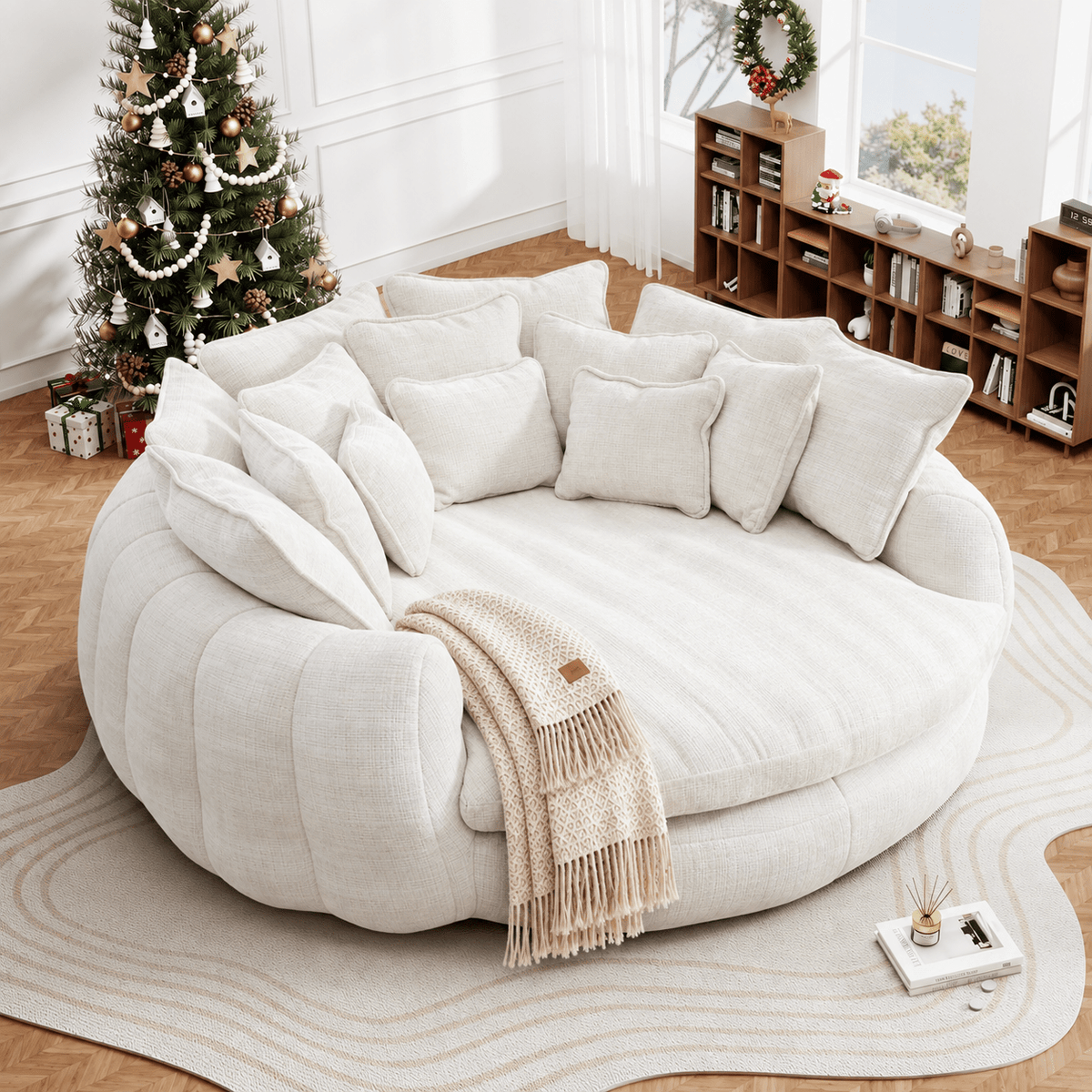 Oversized Round Chenille Lounge Sofa — beige upholstery option.