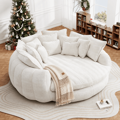 Oversized Round Chenille Lounge Sofa — beige upholstery option.