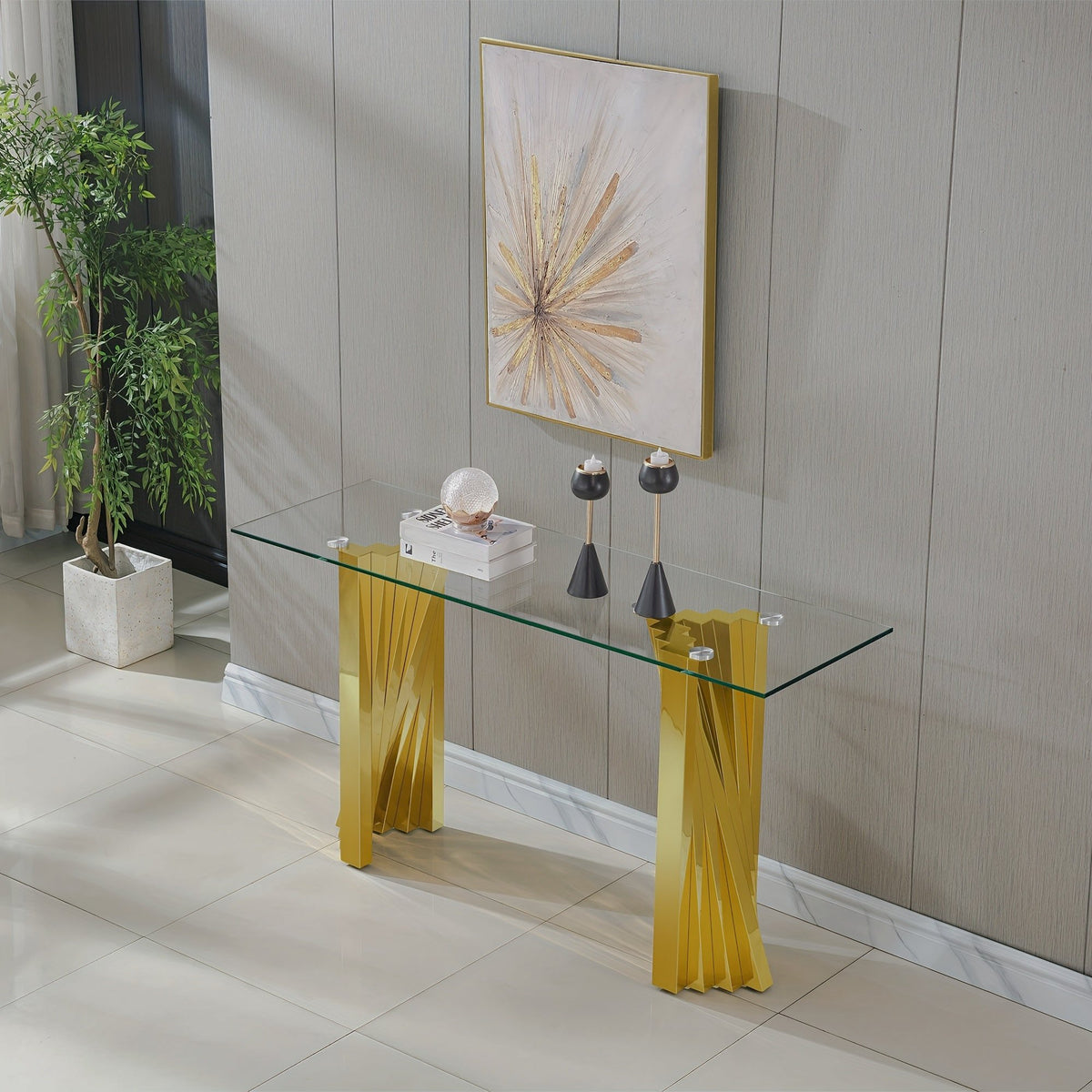 Glass-Top Tables with Twisted Stainless-Steel Bases - GOLDEN