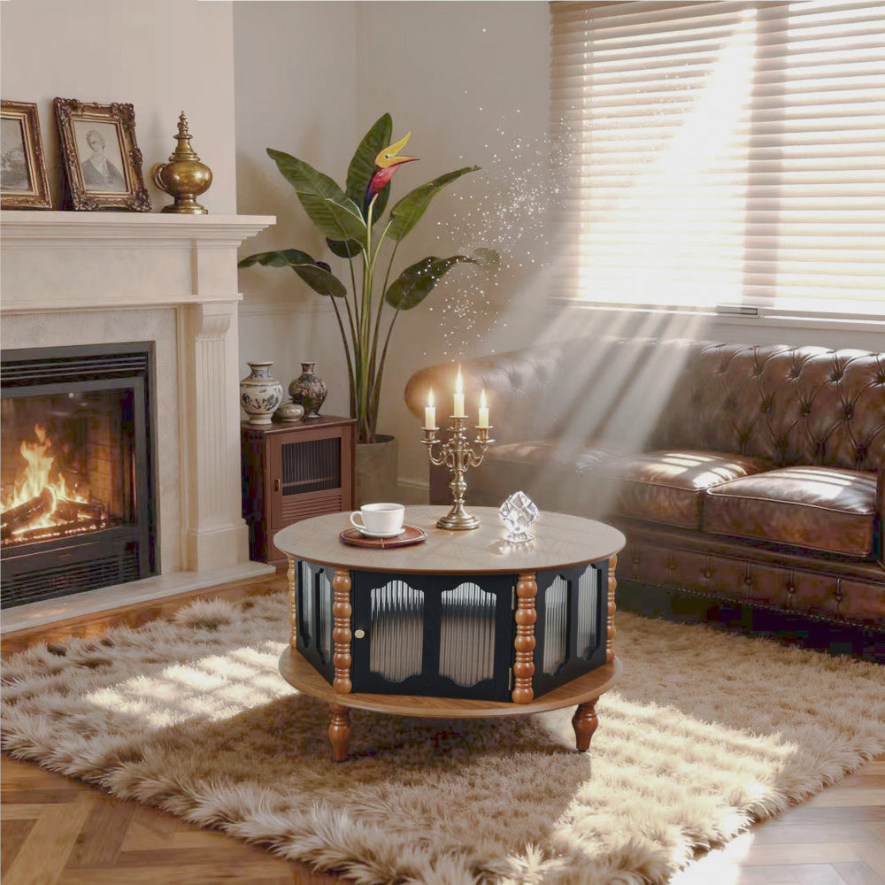 Round storage coffee table with turned legs beside a fireplace