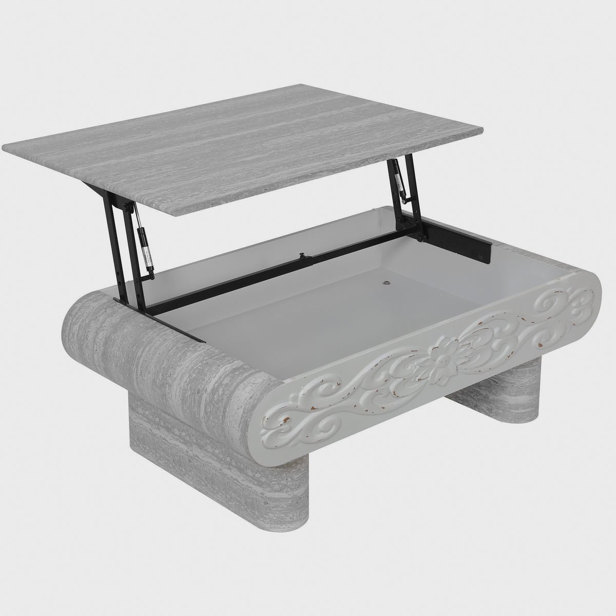 Raised tabletop and interior compartment of gray coffee table