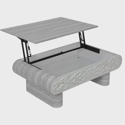 Raised tabletop and interior compartment of gray coffee table
