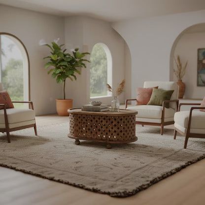 Oval lattice-sided coffee table in a bright living room seating area