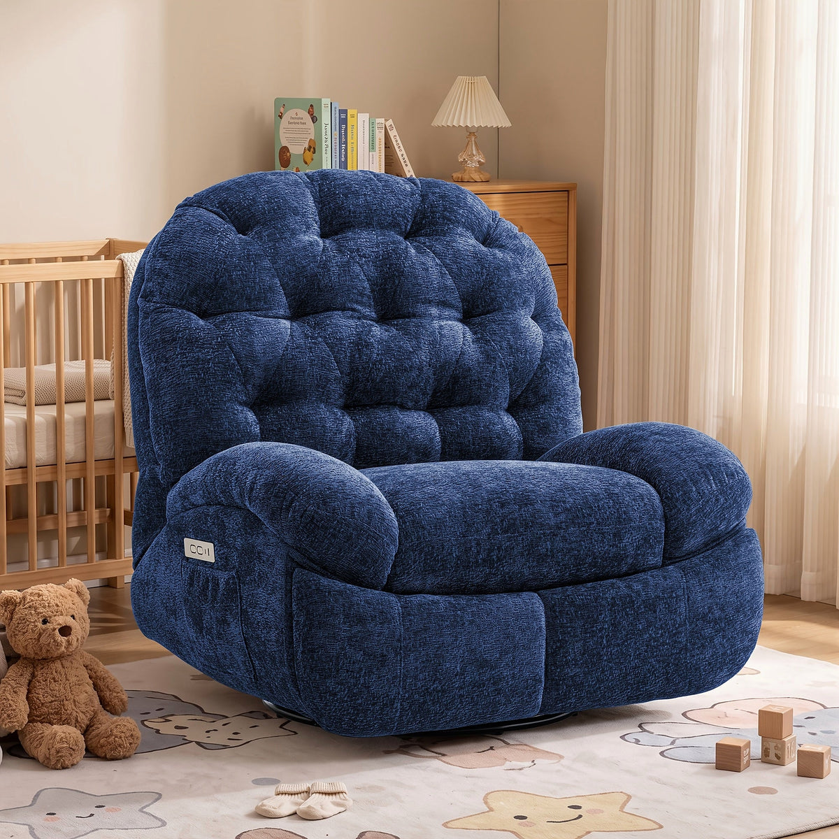 Blue chenille power swivel rocker recliner with a side pocket