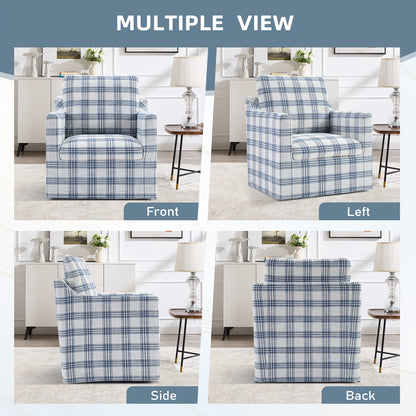 Plaid Swivel Accent Chair — front, side and rear views of the blue plaid chair