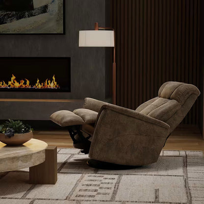Texas Slate swivel glider recliner in textured brown gray upholstery — reclining position with footrest extended