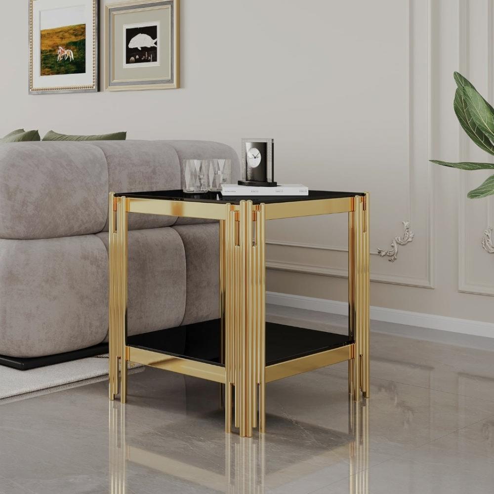Square Two-Tier Glass End Table with Metal Frame