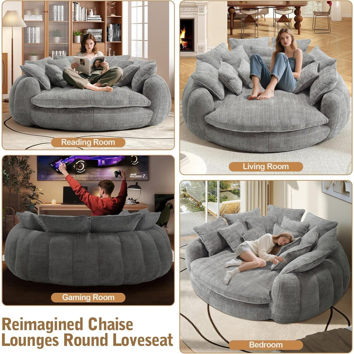 Oversized Round Chenille Lounge Sofa — light grey sofa room-use examples.