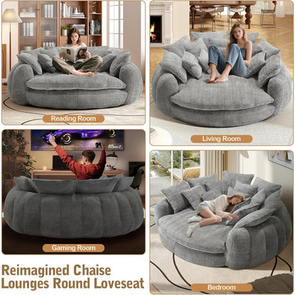 Oversized Round Chenille Lounge Sofa — light grey sofa room-use examples.