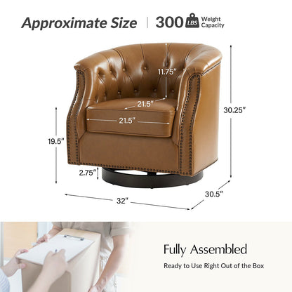 Camel genuine leather Chesterfield swivel rocking armchair with rolled arms