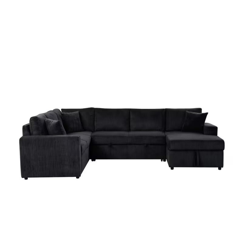 Rinaldo Black Corduroy Sleeper Sectional — front view with sleeper section retracted.
