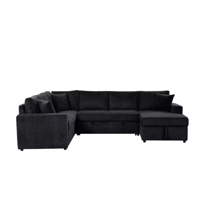 Rinaldo Black Corduroy Sleeper Sectional — front view with sleeper section retracted.