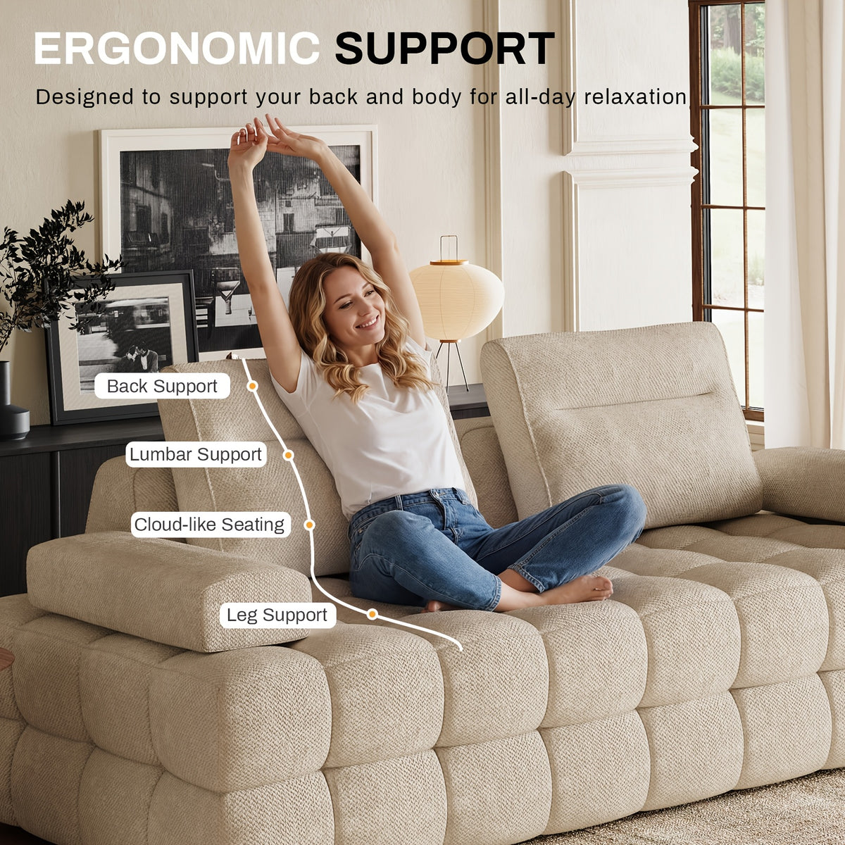 88-Inch Chenille Modular Cloud Loveseat — seated scale and back-support panel