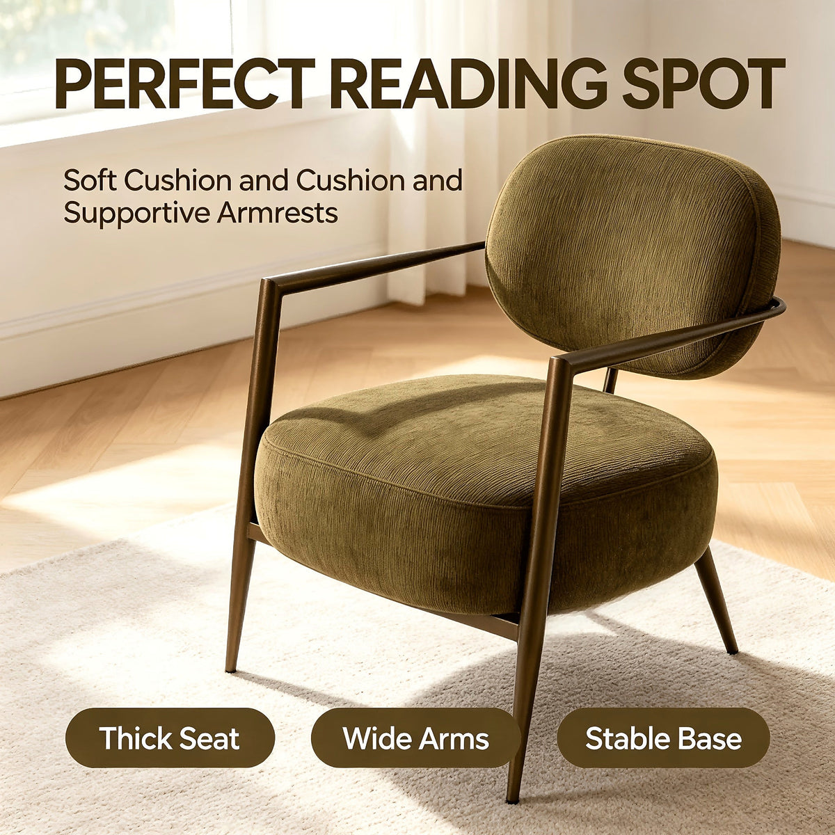 Green fabric accent chair with an oval back and gold tone metal frame