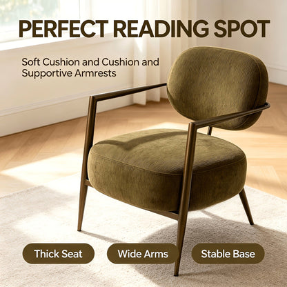 Green fabric accent chair with an oval back and gold tone metal frame