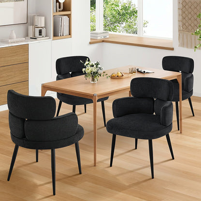 Black chenille accent chair with a segmented padded back and black metal legs