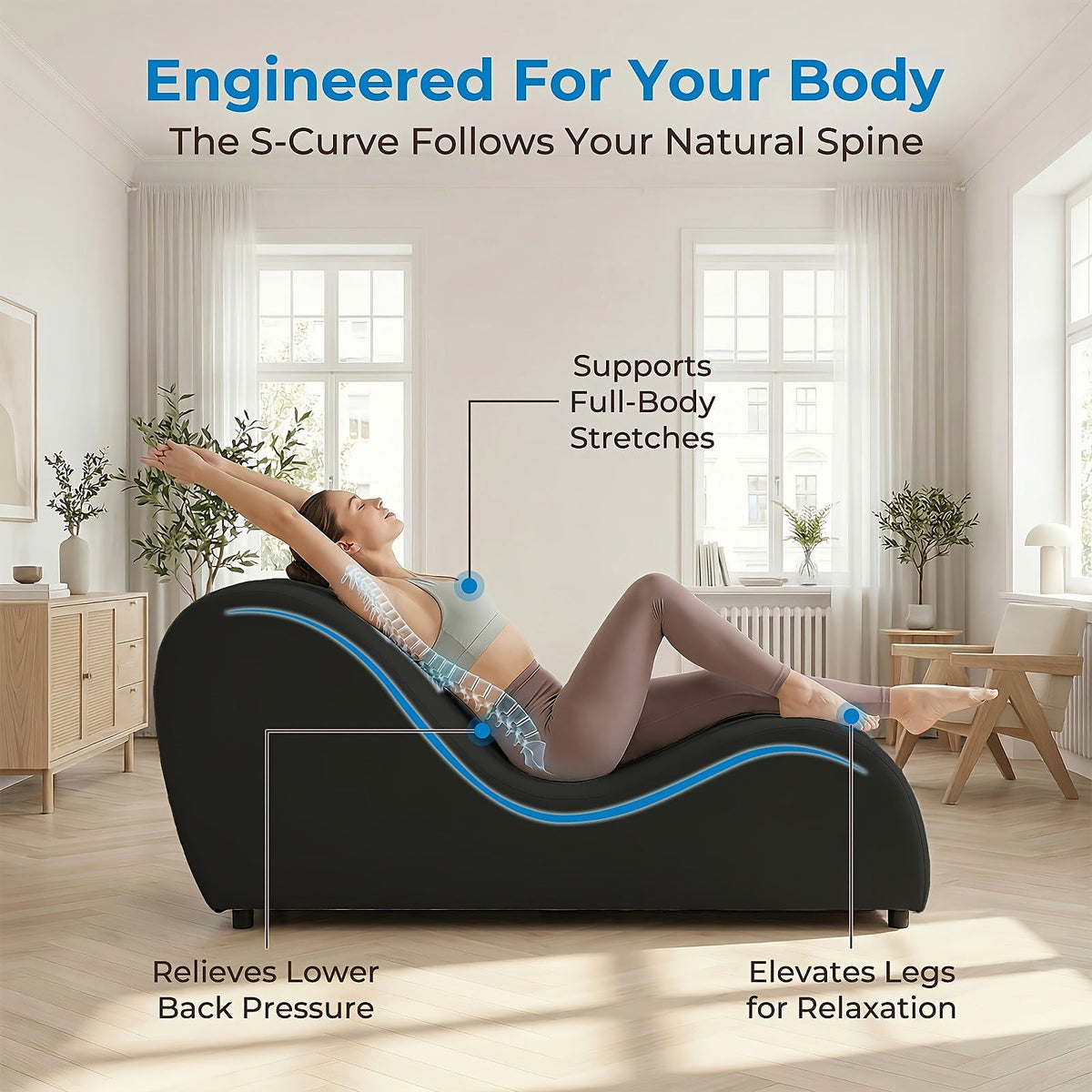 Black velvet curved yoga chaise lounge