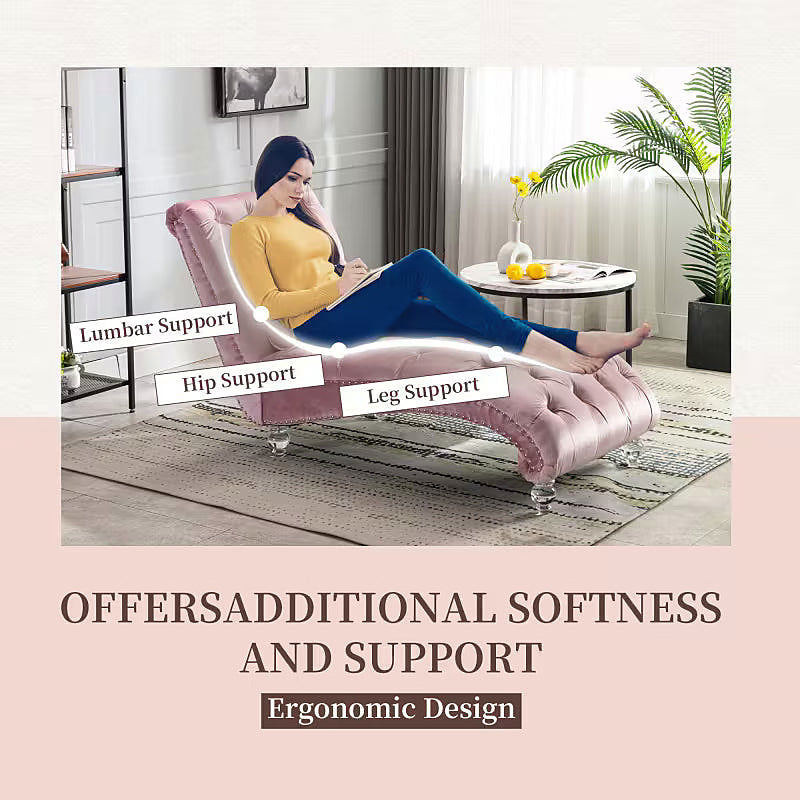 Pink velvet tufted chaise lounge with clear acrylic feet and a bolster pillow — support and construction details