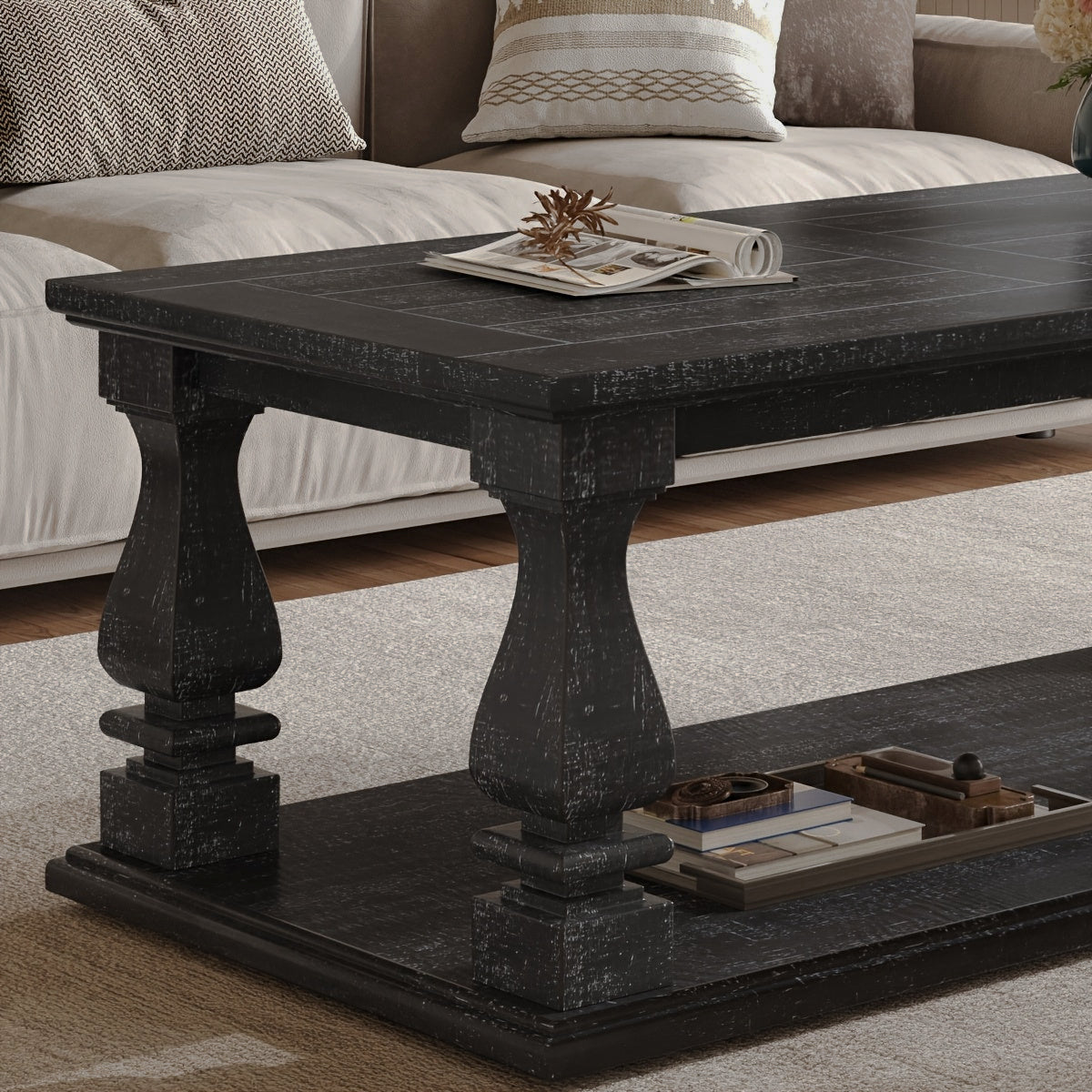 Close-up of a black coffee table's planked-look top and baluster leg