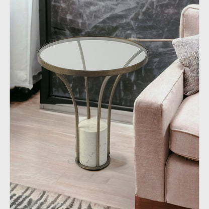 Round Glass Side Table with Marble Pedestal