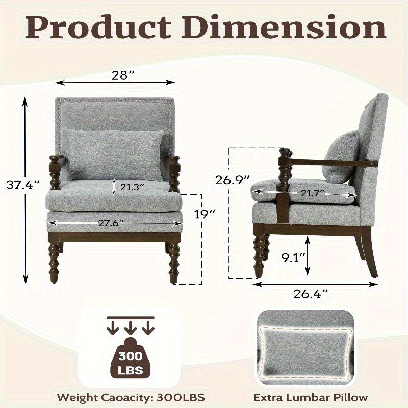Gray Linen Accent Chair with Lumbar Pillow — chair dimensions diagram with lumbar pillow