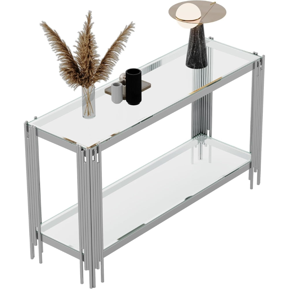 Clear glass and silver frame console isolated on white from above.