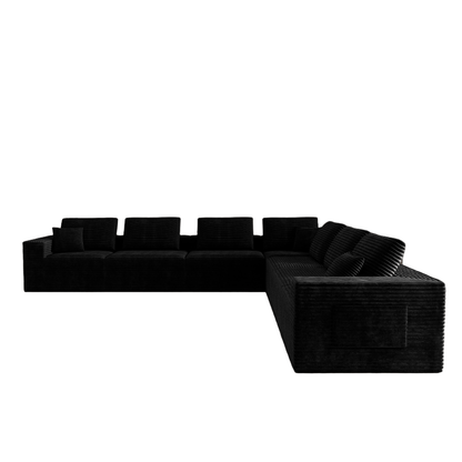 Black Seven-Piece Corduroy Modular Sectional — black isolated L-shaped arrangement