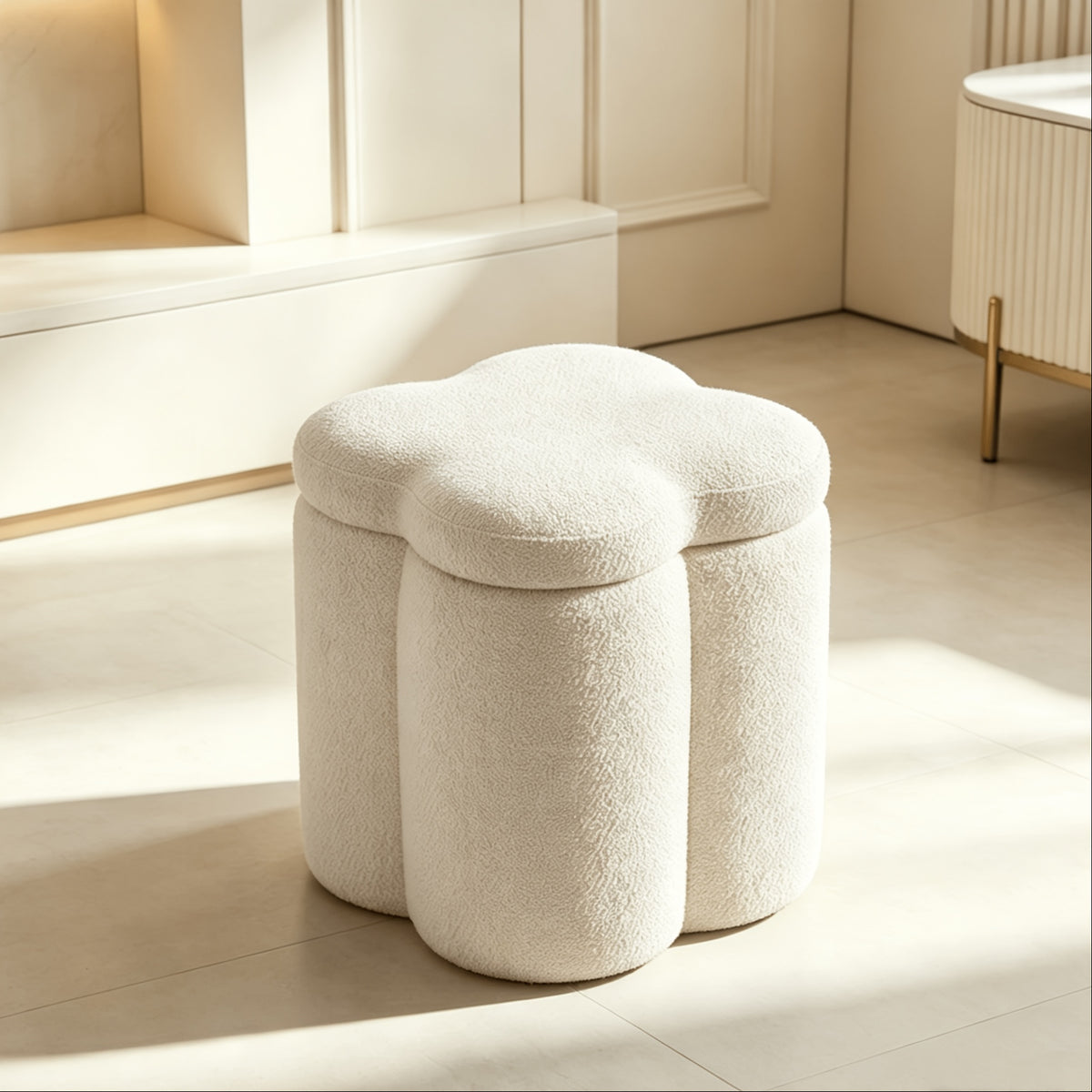 Flower-Petal Chenille Storage Ottoman — beige front three-quarter view