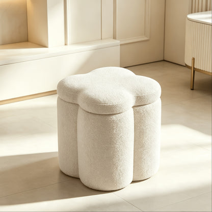 Flower-Petal Chenille Storage Ottoman — beige front three-quarter view