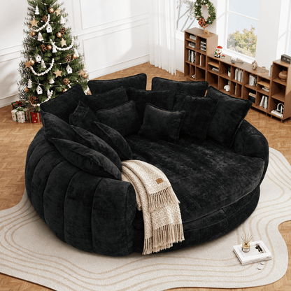 Oversized Round Chenille Lounge Sofa — black upholstery option.
