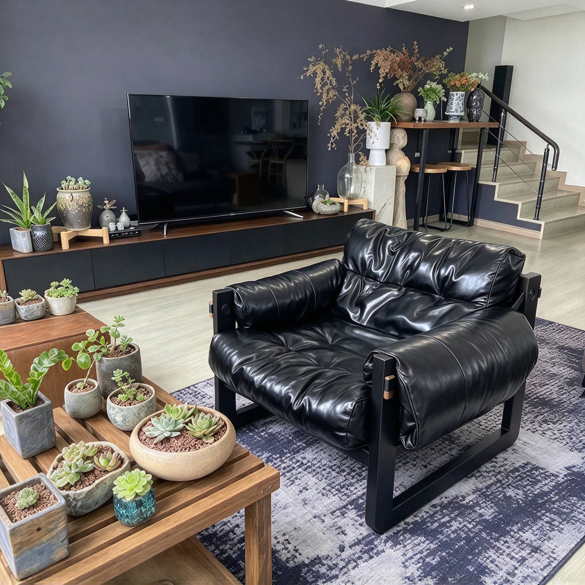 Padded Sling Lounge Chair — black side three-quarter view in a living room