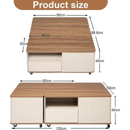 Dimension diagram showing two arrangements of the beige and walnut-look storage coffee table