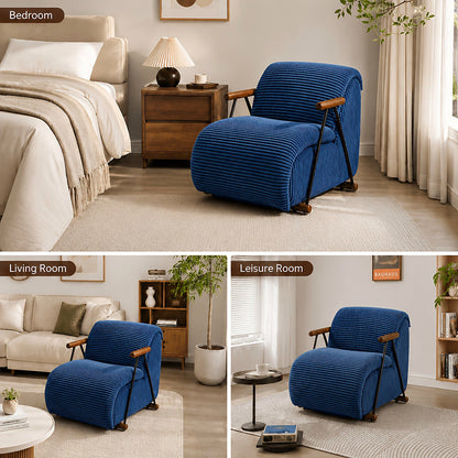 Navy wide corduroy lounge chair with wood arms and a black metal frame