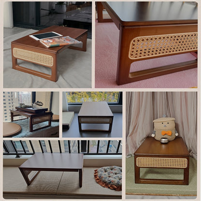 Collage showing woven side panels and bamboo low-table details
