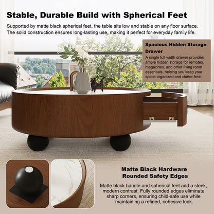 Feature collage showing the storage drawer, black hardware and ball feet