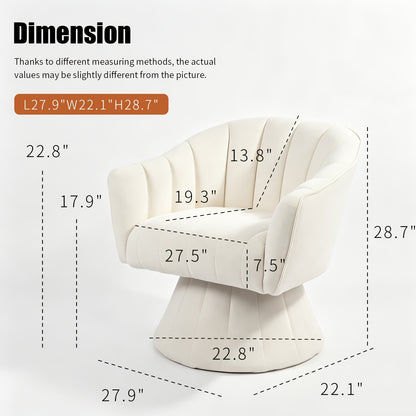 Channel-Tufted Swivel Barrel Chair — overall, seat and pedestal dimensions diagram