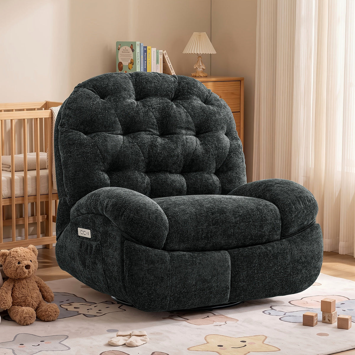 Black chenille power swivel rocker recliner with a side pocket