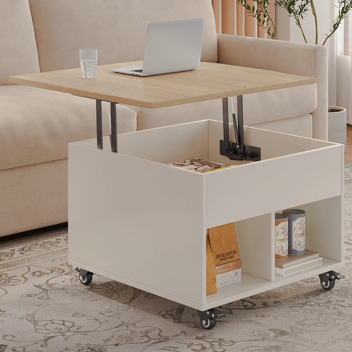 Raised lift-top table showing hidden compartment and lower cubbies