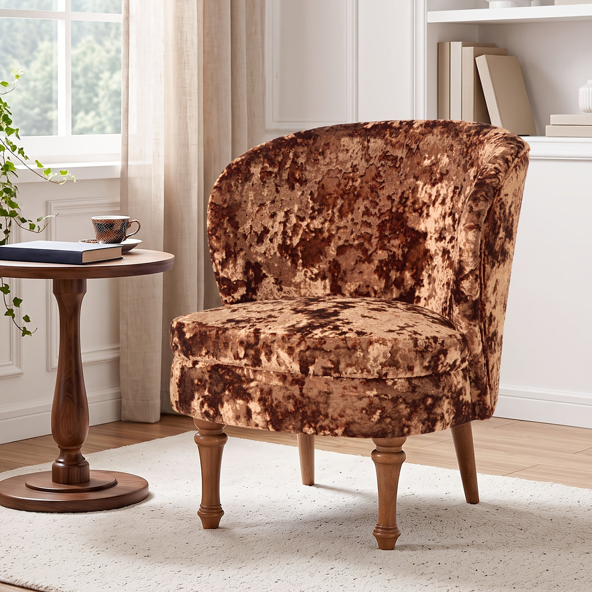 Crushed Velvet Accent Chair with Wood Legs — brown chair beside a window.