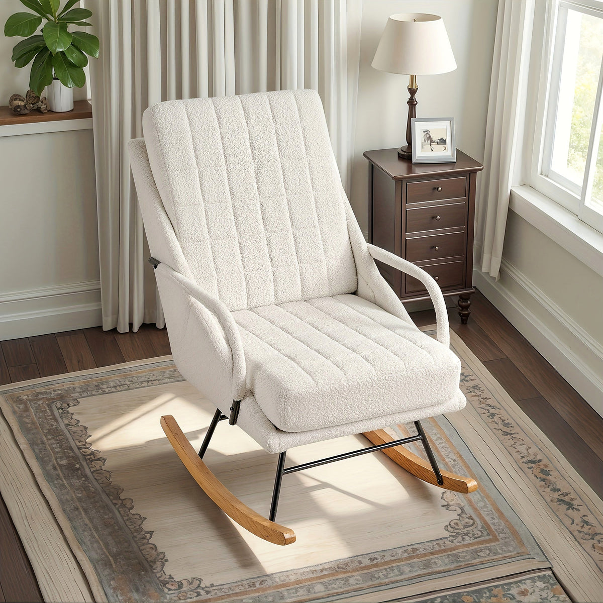 White high back grid stitched rocking chair with wood runners and a black metal support frame