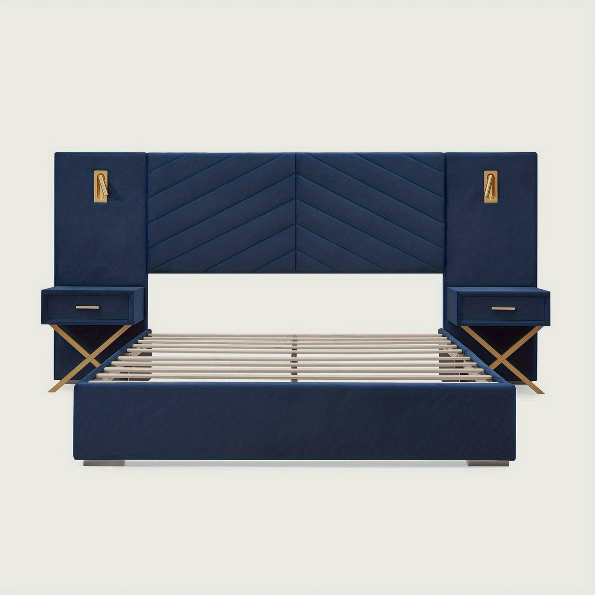 Front studio view of the Royal Blue platform bed frame with headboard lights and two nightstands