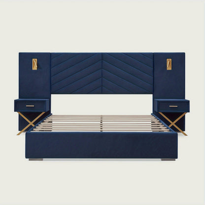 Front studio view of the Royal Blue platform bed frame with headboard lights and two nightstands