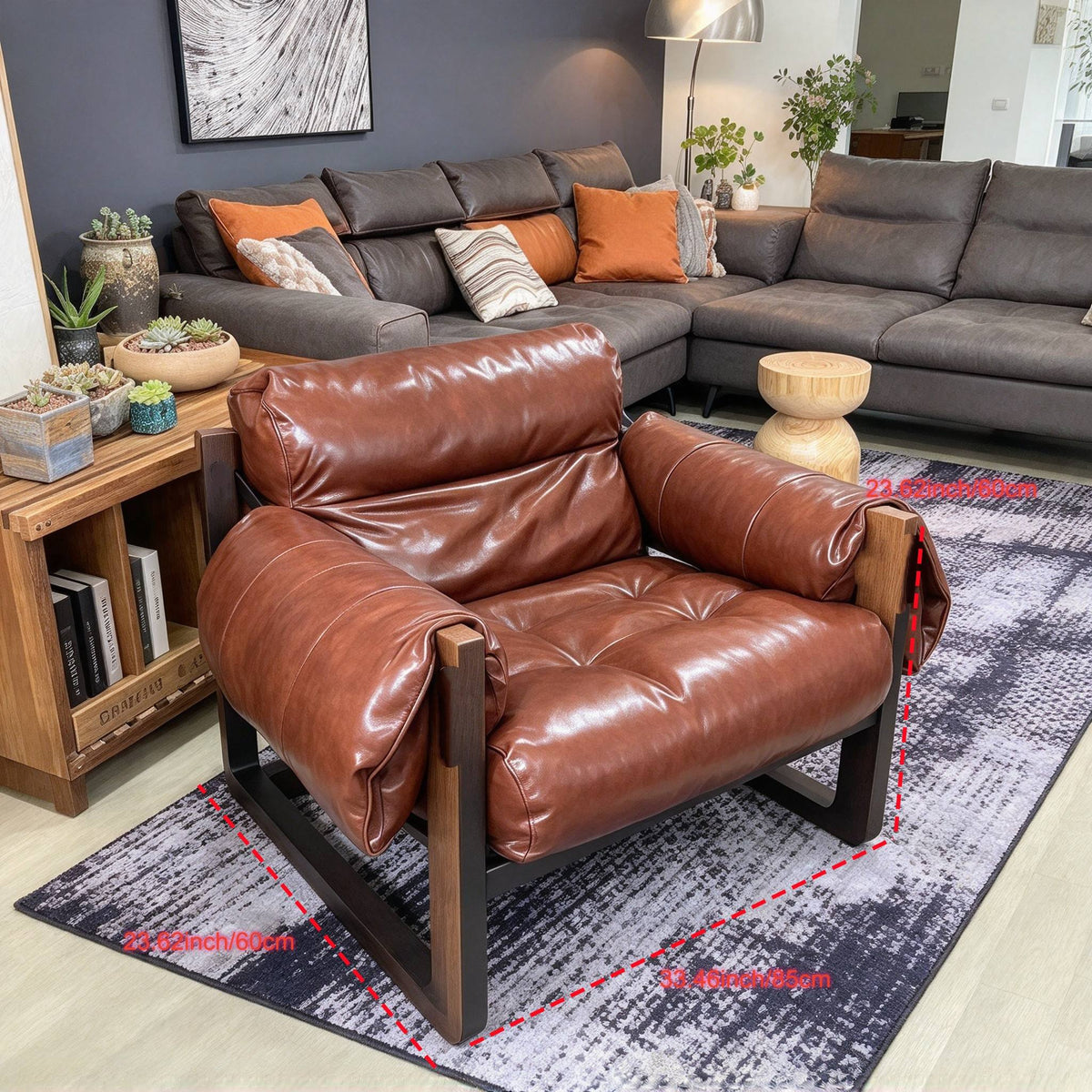 Padded Sling Lounge Chair — brown dimensions overlay with disputed annotations