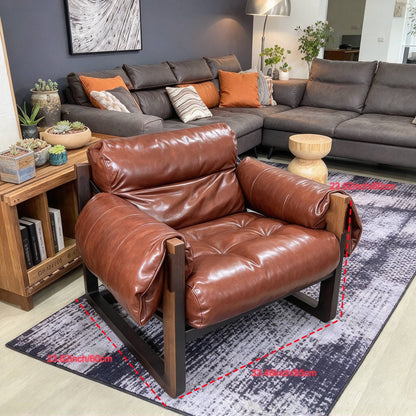 Padded Sling Lounge Chair — brown dimensions overlay with disputed annotations