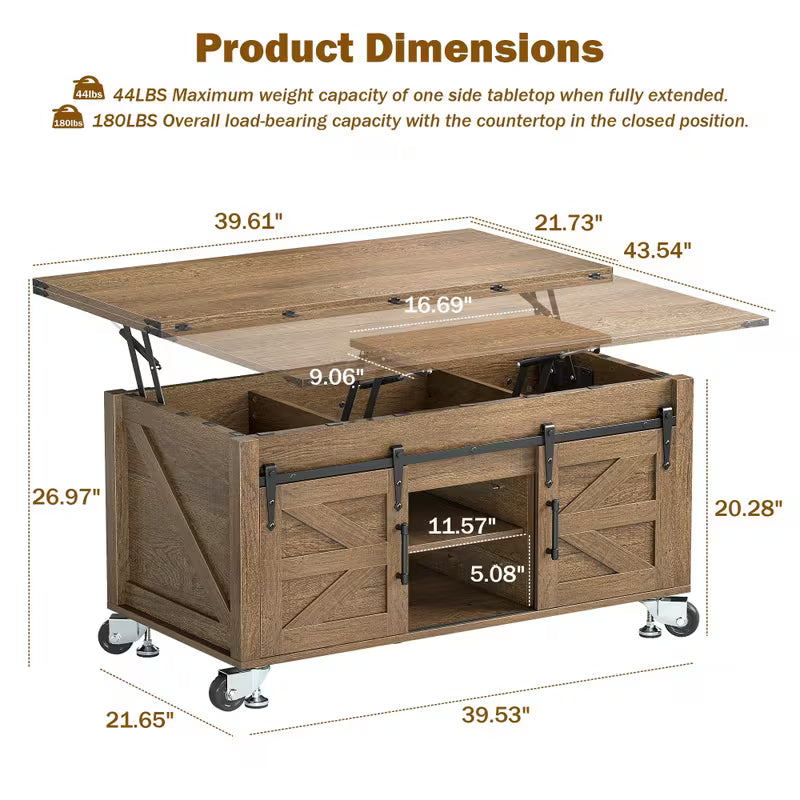 Supplier dimension diagram for rolling barn-door coffee table
