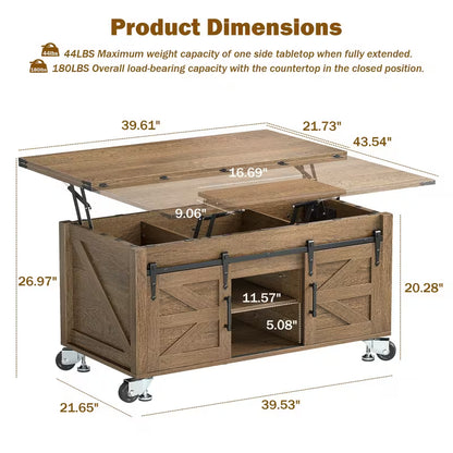 Supplier dimension diagram for rolling barn-door coffee table