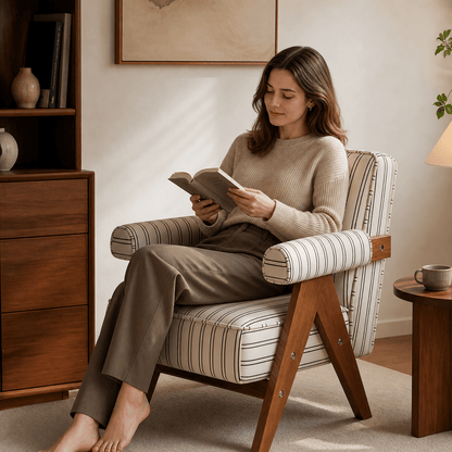 Patterned Accent Chair with Rubberwood Frame — white striped chair shown with a seated person