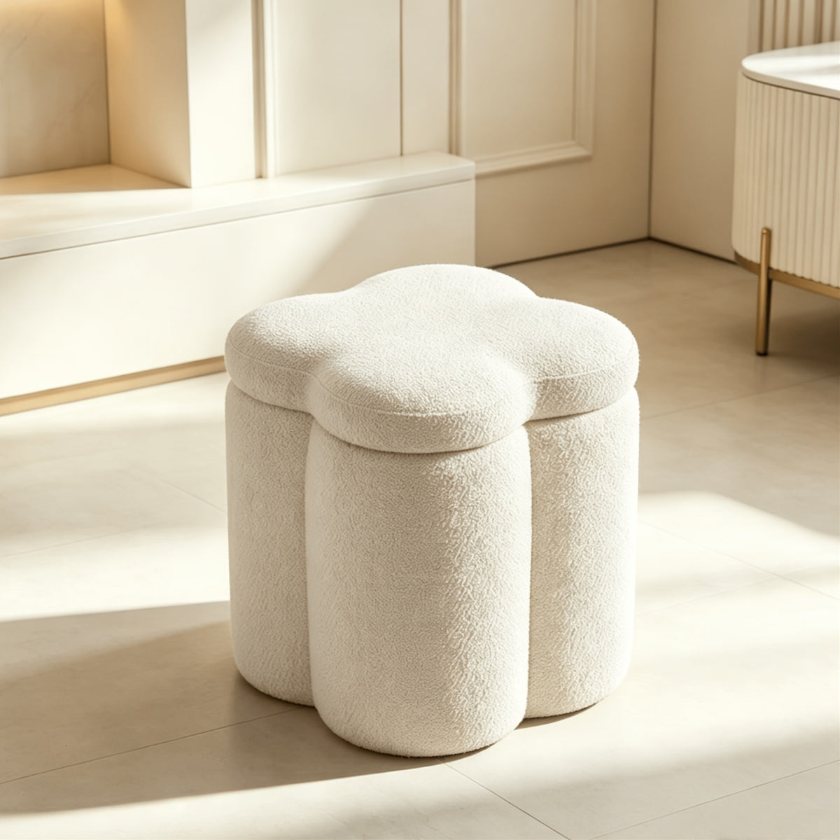 Flower-Petal Chenille Storage Ottoman — beige front view