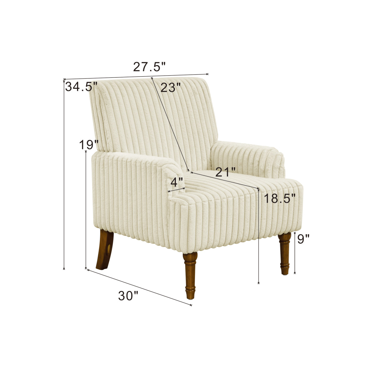 Wide-Wale Corduroy Accent Chair with Wood Legs — chair dimensions diagram