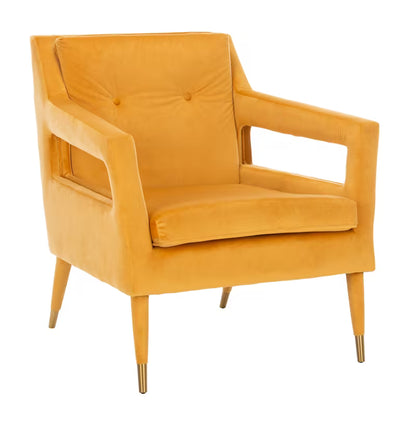 Mara Tufted Accent Chair with Gold-Tone Leg Caps — three-quarter view of the marigold chair